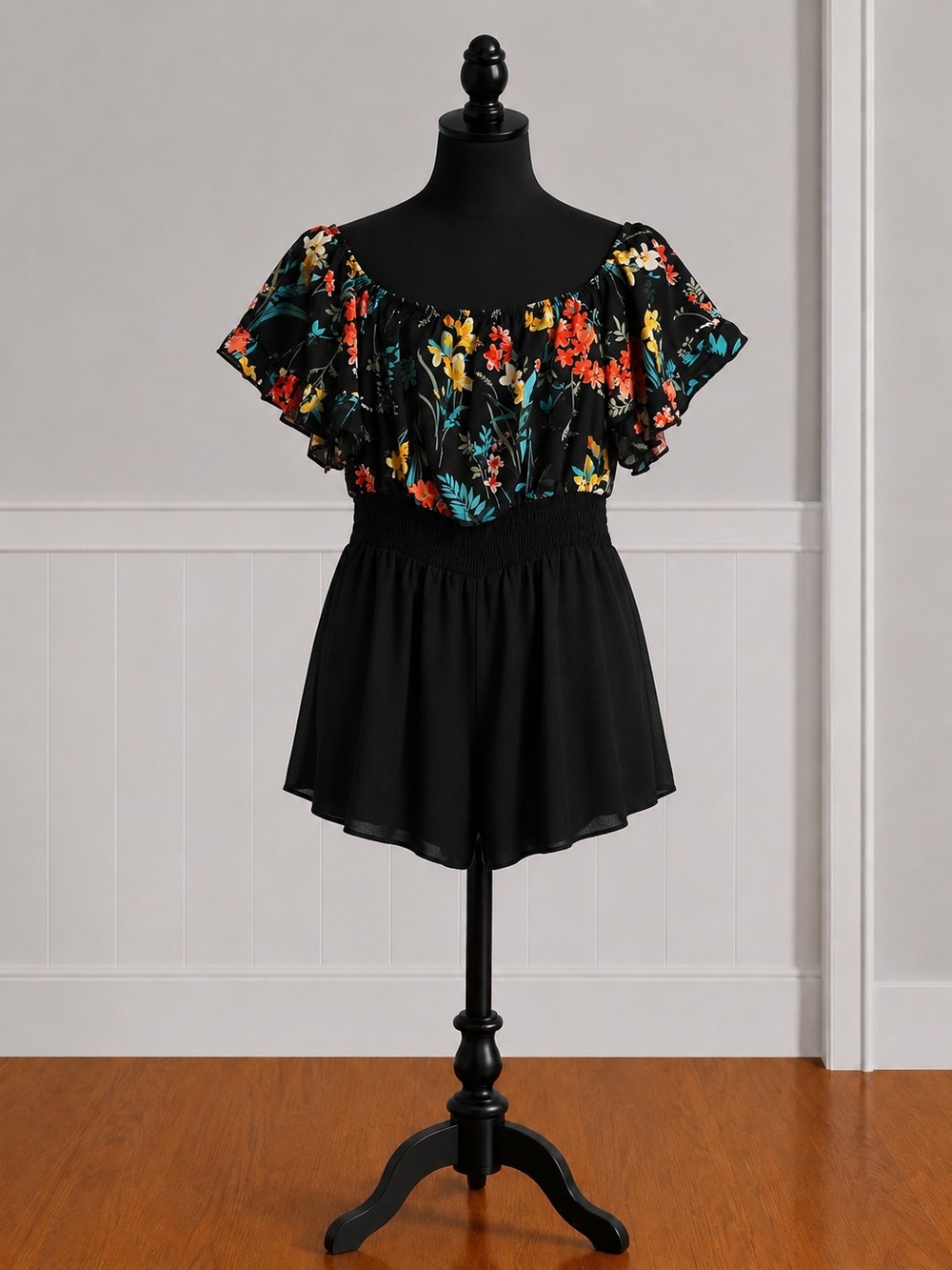 Shein Black Floral Off-Shoulder Smocked Waist Romper